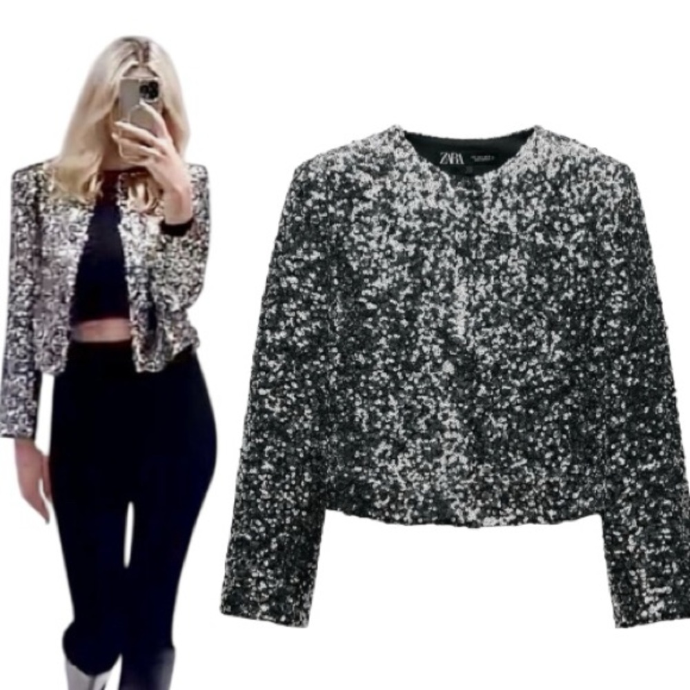 ZARA Silver Sequin Blazer size extra small